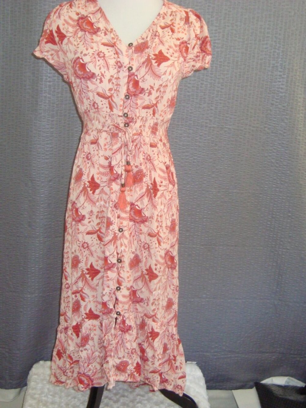 Knox Rose Red and Cream Floral Button-Front Tie Waist w/ Tassels Midi Dress sz S